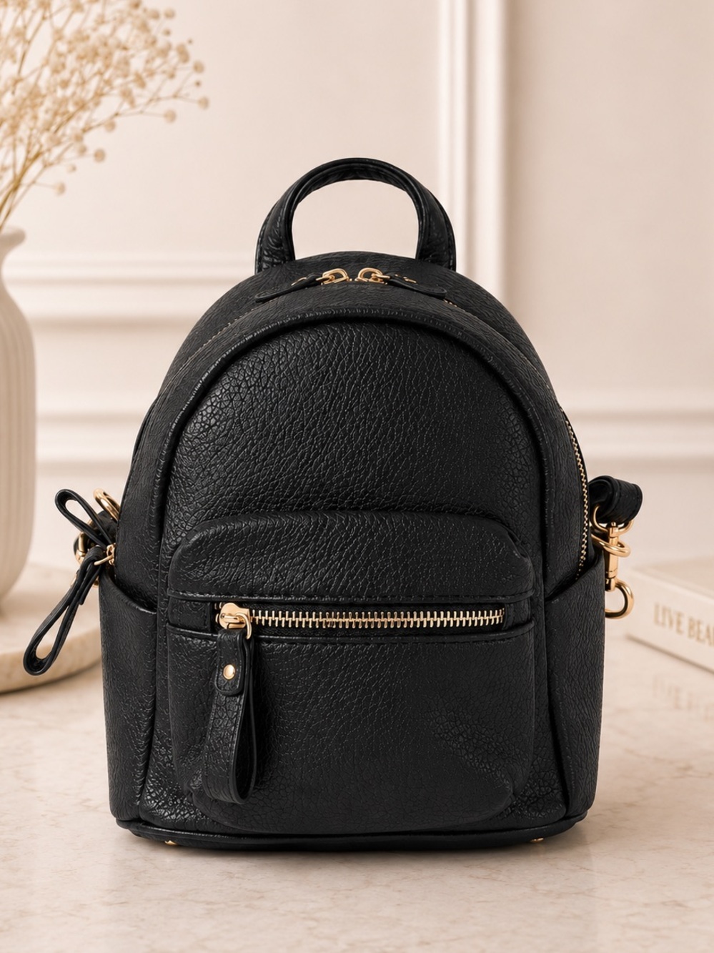 Black Faux Leather Mini Backpack Gold Zip Compact Bag